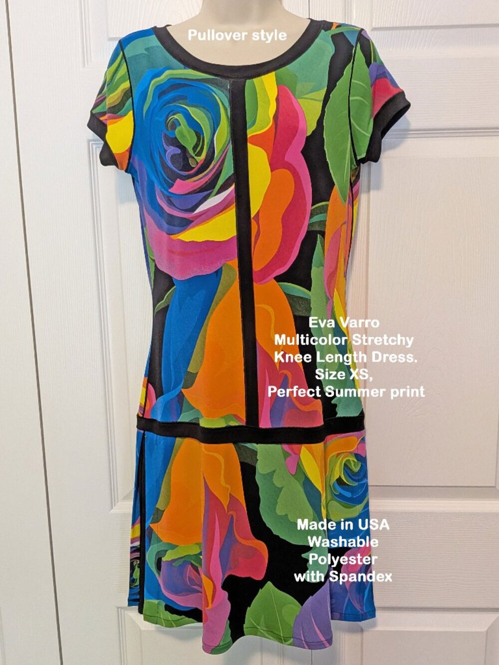Eva Varro Multicolor Stretchy Knee Length Dress. Sz XS, Made USA, Summer perfect